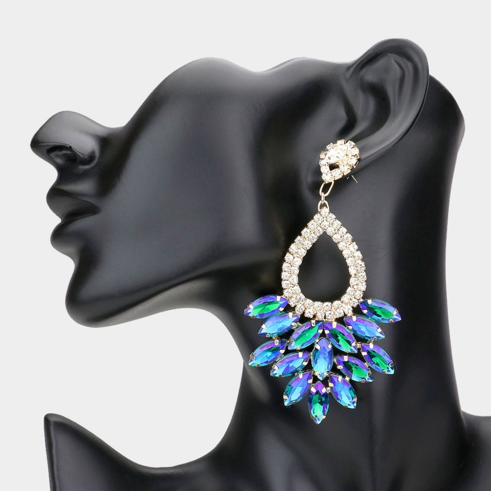Gold Blue Marquise Cluster Rhinestone Crystal Dangle Earrings Statement Jewelry